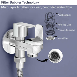 Plantex Two Way Tap for Washing Machine/Quarter Turn 2 in 1 Bib Cock/Wash Basin tap with Teflon Tape and Wall Flange/2 Way Bathroom Tap with Brass Spindle -(Saga-Chrome)