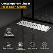 Plantex 304 Grade Stainless Steel Shower Water Drain Channel/12x4 Inch Floor Drain/Drainage Cover/Floor Drain Cover with Removable Grate - (VERTICLE, Chrome)