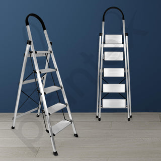 Plantex Surestep 5 Step Aluminum Ladder for Home Use/Wide Anti Skid Step Foldable Ladder with Knee Guard, PVC Shoes and Cross Bars (Anodize-Silver)
