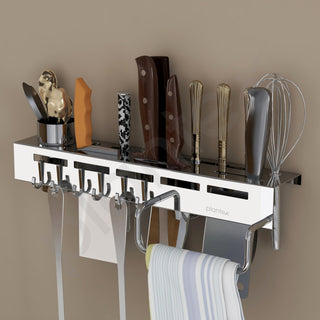 Plantex Multifunctional Stainless Steel Kitchen Cutlery Organizer/Knife Holder/Cutlery Stand/Spatula-Ladle Holder with Adjustable Hooks and Towel Hanger (Chrome)