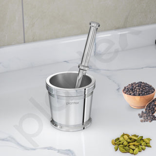 Plantex Heavy Stainless Steel/Mortar & Pestle Set/Spice Mixer/Khalbatta/Khal/Okli for Kitchen - Size 2(Dia: 7.5, H: 7 cm)