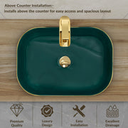 Plantex Wash Basin/Ceramic Table Top Wash Basin/Countertop Basin for Bathroom/Restaurants/Hotel – Rectangular Green & Gold - 20 x 14 x 6 Inch)