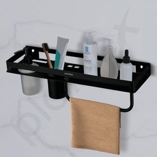 Plantex 4in1 Bathroom Shelf for Wall/Stainless Steel Multifunctional Rack for Bathroom with Tumbler Holder/Liquid Soap Dispenser/Napkin Holder/Bathroom Accessories Set (Matt Black)