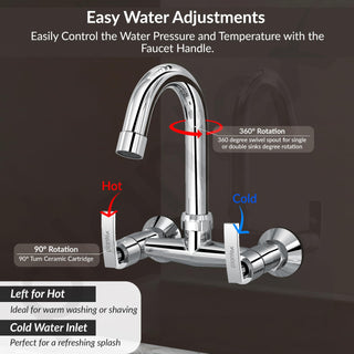 Plantex Pure Brass Sink Mixer with Double Handle Hot and Cold Water Tap for Kitchen/Bathroom Basin Faucet with Brass Wall Flange & Teflon-Tape - (COL-1014, Chrome Finish)