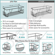 Plantex Bathroom Organiser Without Drill/Self Adhesive Bathroom Shelf for Wall/GI Steel Rack with Side Hooks & Magic Sticker/Bathroom Accessories Set (Black, Powder Coated) - Pack of 3