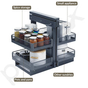 Plantex Magic Corner Pull Out Organizer for Modular Kitchen/Soft Close 2 Tier Toughened Glass Basket/Left & Right Opening Corner Cabinet Storage for Plates, Bowls, Spice Jars & Utensils (900 mm, Grey)