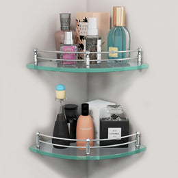 Plantex Premium Glass Corner Shelf for Bathroom/Glass Shelf for Living Room/Kitchen Storage Organizer/Corner Shelf for Bathroom Organizer-(Transparent -12x12 Inches -Pack of 2)