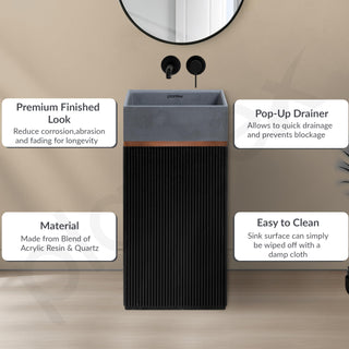 Plantex Acrylic Resin & Quartz Pedestal Basin for Bathroom/One Piece Pedestal Free Standing Square Wash Basin for living Room/Hotel (Grey & Black)