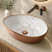 Plantex Designer Ceramic Basin/Table Top Wash Basin for Bathroom/Countertop Vessel Sink Basin for Home/Office/Restaurant (White & Rose Gold, 22 x 14 x 7 Inch )