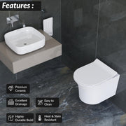 Plantex Platinum Ceramic Rim Wall Mount Commode with Wash Basin for Bathroom/P Trap Washdown Flush Commode with Toilet Seat Cover/Tabletop Basin - White (Combo)