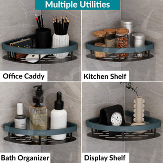 Plantex Self Adhesive Corner Shelf for Bathroom Wall/Aluminium & Stainless Steel Corner Rack/Storage Organizer/Bathroom Accessories Set- Pack of 1 (8 x 8 inch,Cadet Blue & Black)