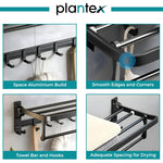 Plantex Aluminium Folding Towel Rack with Swivel Towel Rod/Bathroom Organizer/Towel Hanger with Hook/Bathroom Shelf for Wall/Bathroom Accessories – Combo (Black)