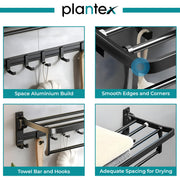Plantex Aluminium Folding Towel Rack with Swivel Towel Rod/Bathroom Organizer/Towel Hanger with Hook/Bathroom Shelf for Wall/Bathroom Accessories – Combo (Black)