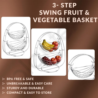 Plantex 2-Tier Swing Fruit Basket for Dining Table/Stainless Steel Fruit Storage Basket for Kitchen/Vegetable Stand(Nickel Chrome Finish)