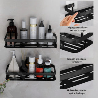 Plantex Self Adhesive Shelf for Bathroom/Aluminium Bathroom Organisers/Wall Mounted Bathroom Shelf with Magic Stickers (12x5 inches, Matt Black) - Pack of 2