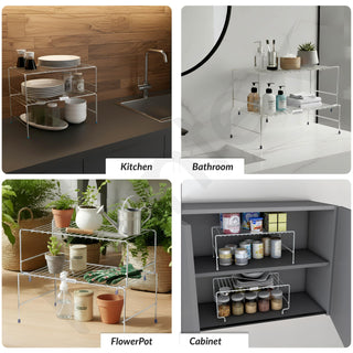 Plantex Stainless Steel 2- Tier Shelf Organizer for Kitchen Storage/Foldable and Detachable kitchen shelf organiser/Rack Organiser for Storage