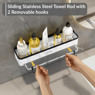 Plantex 3in1 Multipurpose Shelf/ABS Plastic White Floating Shelf with Towel Rod and Hooks for Bathroom/Kitchen/Wall-Mount Shelf for Bathroom/Storage Shelf (16 x 4 Inches)
