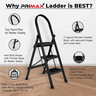 Plantex 3-Step Ladder for Home | Wide Anti Skid Step Foldable Ladder | Multipurpose Heavy-Duty Ladder (Black)