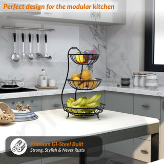 Plantex Elegant High Grade Steel 3-Tier Fruit & Vegetable Basket For Dining Table/Kitchen-Big Size(Black),Solid, 12 liter