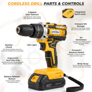 Plantex 21V Cordless Drill Machine for Home/10mm Chuck Electric Screwdriver & Power Drill Kit with 2 Lithium-Ion Batteries, Charger, Accessories & Storage Case (ML-D005, Yellow)
