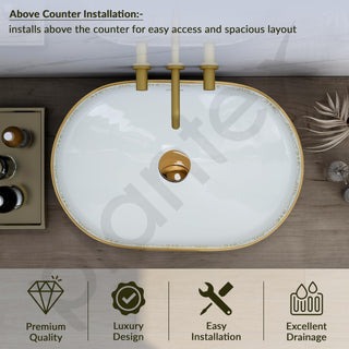 Plantex Ceramic Wash Basin/Designer Hand Wash Sink for Bathroom/Oval Tabletop Washbasin/Countertop Vessel Sink for Home/Office (24x16x5 inch - Gold & White)