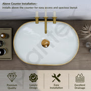 Plantex Ceramic Wash Basin/Designer Hand Wash Sink for Bathroom/Oval Tabletop Washbasin/Countertop Vessel Sink for Home/Office (24x16x5 inch - Gold & White)