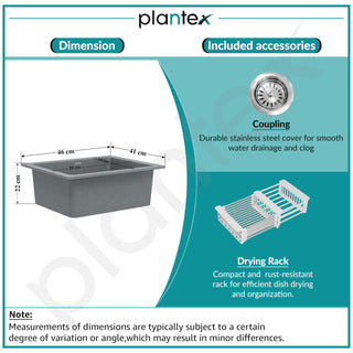 Plantex Quartz Acrylic Kitchen Sink/Undermount Sink For Kitchen/Metalic Single Bowl Kitchen Sinks With Coupling (Lintus 16X18 Inches), Silver