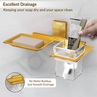 Plantex 304 Grade Stainless Steel Soap Dish with Glass Toothbrush Holder/Soap Stand/Soap Case with Tumbler/Bathroom Accessories - Pack of 1 (Crystal, PVD Gold)