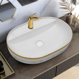 Plantex Ceramic Wash Basin for Bathroom/Designer Washbasin/Hand Basin for Restaurant/Hotel (23.5x16x5 inch - White & Gold)