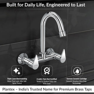 Plantex Pure Brass Sink Mixer Tap/Wall Mount Hot and Cold Tap for Bathroom/Double Handle Water Taps for Bathroom Basin with Brass Wall Flange & Teflon Tape (PAC-1814, Chrome)