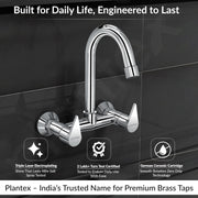 Plantex Pure Brass Sink Mixer Tap/Wall Mount Hot and Cold Tap for Bathroom/Double Handle Water Taps for Bathroom Basin with Brass Wall Flange & Teflon Tape (PAC-1814, Chrome)