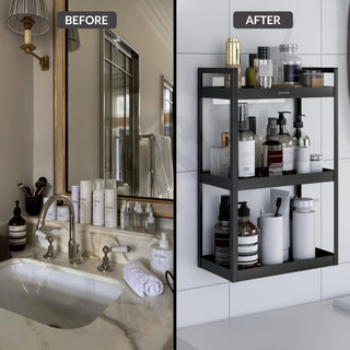 Plantex 3 Tier Self Adhesive Bathroom Shelf/Multipurpose Bathroom Countertop Storage Shelf/Metal Standing Spice Rack Storage Organizer for Kitchen(Black, Powder Coated)