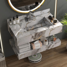 Plantex Slab Tile Floating Vanity with Washbasin for Bathroom/Wall Mount Wash Basin with Cabinet Full Set - 32 x18 inch (ED-Gold-Marble Finish)