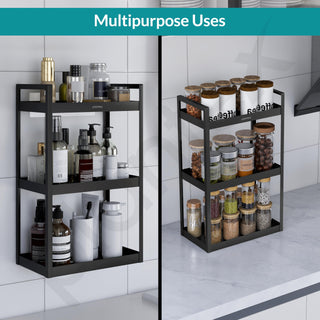 Plantex 3 Tier Self Adhesive Bathroom Shelf/Multipurpose Bathroom Countertop Storage Shelf/Metal Standing Spice Rack Storage Organizer for Kitchen(Black, Powder Coated)