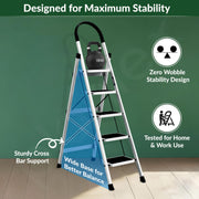 Plantex Steel Ladder for Home/Strong Foldable Wide 5 Step Ladder/Anti-Skid 5 Step Ladder - (Apex - White)