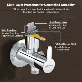 Plantex FLO-808 Pure Brass 2-Way Angle Valve/Angle Cocke for Bathroom With Brass Wall Flange & Teflon Tape (Mirror-Chrome Finish)