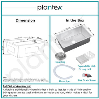 Plantex Guranteed 304 Grade Stainless Steel Kitchen Sink/Sink For Kitchen with 7 Years of Warranty by Plantex/Single Bowl Sink with All Fittings & Drain Rack Included (Silver Matt - 30x18 Inches)