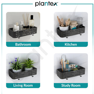 Plantex Aluminium Bathroom Shelf for Wall/Self Adhesive Kitchen Stand with Removable Hooks & Magic Stickers/Bathroom Fittings Accessories Set (12x5 inches, Matt Grey) - Pack of 2