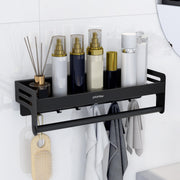Plantex Aluminium Multipurpose Bathroom Shelf with Towel Rod and Movable Hooks/Rack Shelf for Bathroom/Kitchen Shelf Organizer (Black)