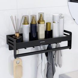 Plantex Aluminium Multipurpose Bathroom Shelf with Towel Rod and Movable Hooks/Rack Shelf for Bathroom/Kitchen Shelf Organizer (Black)