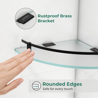 Plantex Premium Frosted Glass Corner Shelves for Bathroom/Living Room Wall Mounted Shelf with Black Railings and Brackets/Bathroom Accessories (9x9 Inches, Pack of 3)