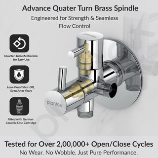 Plantex Pure Brass 2 Way Angle Valve/Quarter Turn Tap With Brass Wall Flange and Teflon Tape/Angle Cocke for Bathroom-(ICO-908-Mirror-Chrome)