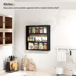 Plantex Premium Steel 3 Tier Spice Rack/Multipurpose Shelf/Spice Jar Organizer/Storage Rack for Kitchen/Wall Mounted/Shelf for Bathroom/Livingroom/Bedroom (Black)