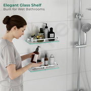 Plantex Frosted Glass Shelf for Bathroom/Kitchen Shelf for Wall/Living Room Wall Storage Shelf with Chrome Finish Brass Railings and Brackets (12x6 Inches - Pack of 2)