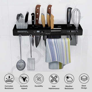 Plantex Self Adhesive Kitchen Cutlery Organizer/Knife Holder/Cutlery Stand/Spatula-Ladle Holder with Adjustable Hooks and Towel Hanger (Black)