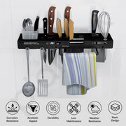 Plantex Self Adhesive Kitchen Cutlery Organizer/Knife Holder/Cutlery Stand/Spatula-Ladle Holder with Adjustable Hooks and Towel Hanger (Black)
