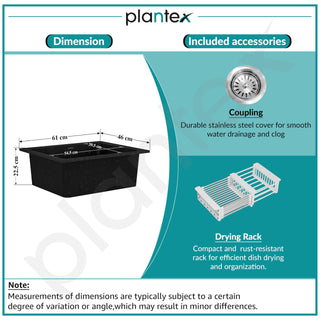 Plantex Quartz Acrylic Kitchen Sink With 10 Years Warranty/Undermount Sink For Kitchen/Metalic Single Bowl Kitchen Sinks With Coupling (Siapan-24X18 Inches), ?Metallic, Black