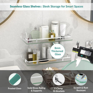 Plantex Frosted Glass Shelf for Bathroom/Kitchen Shelf for Wall/Living Room Wall Storage Shelf with Chrome Finish Brass Railings and Brackets (18x6 Inches) - Pack of 2