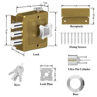 Plantex Heavy Duty Dead Bolt Lock/Rim Lock Set for Home/Office/Hotel – Pack of 1 (Brass Antique)