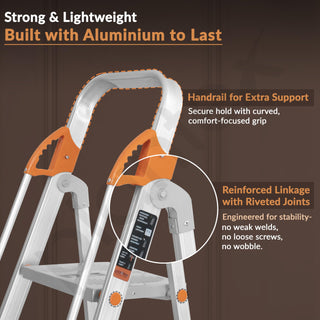 Plantex Secura 4 Step Ladder for Home/Aluminium Foldable Ladder with Safe Hand Rail (Orange-Silver)